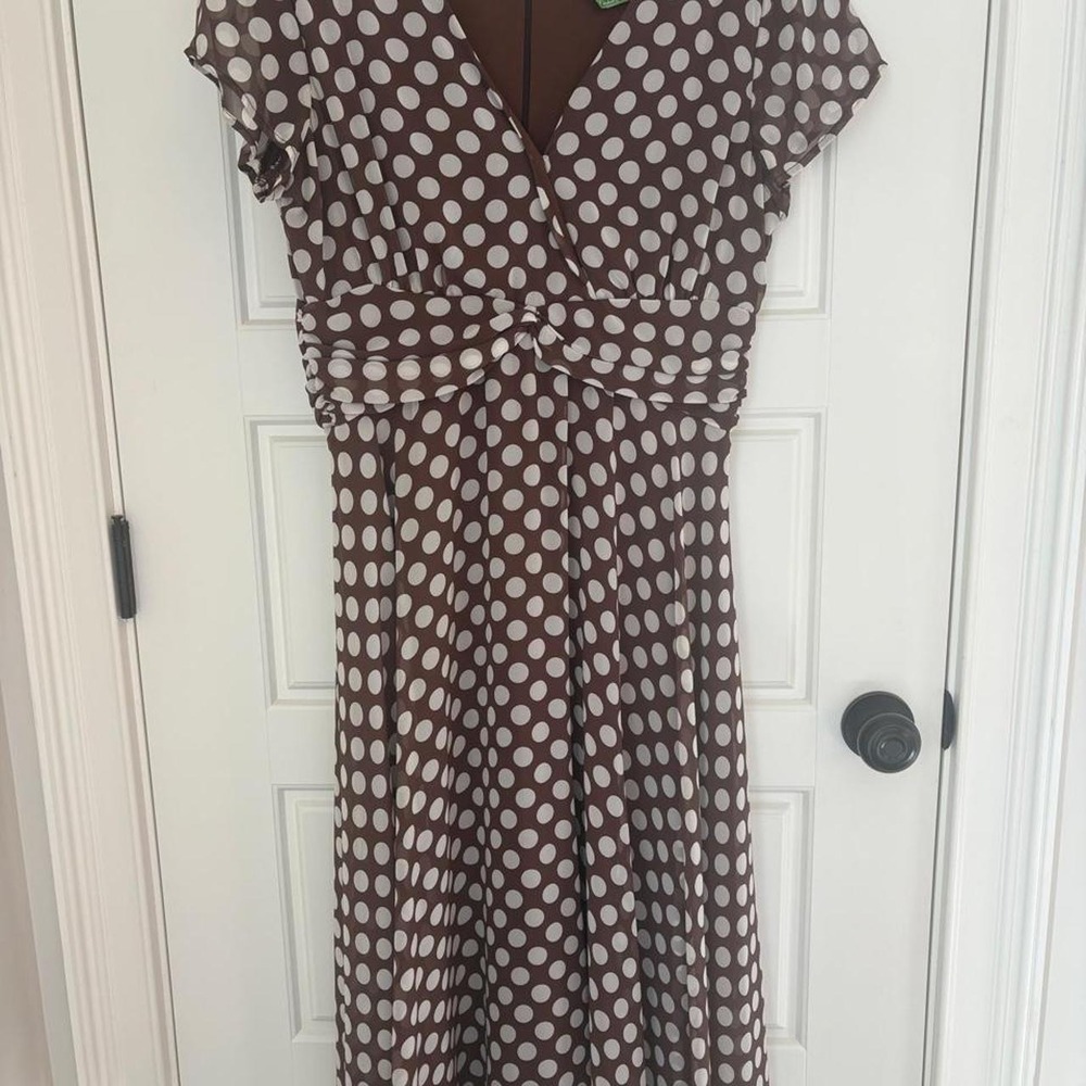 Talbots Wedding Guest Brown & Cream Polka Dot Faux Wrap Midi Dress Size 14 Retro
